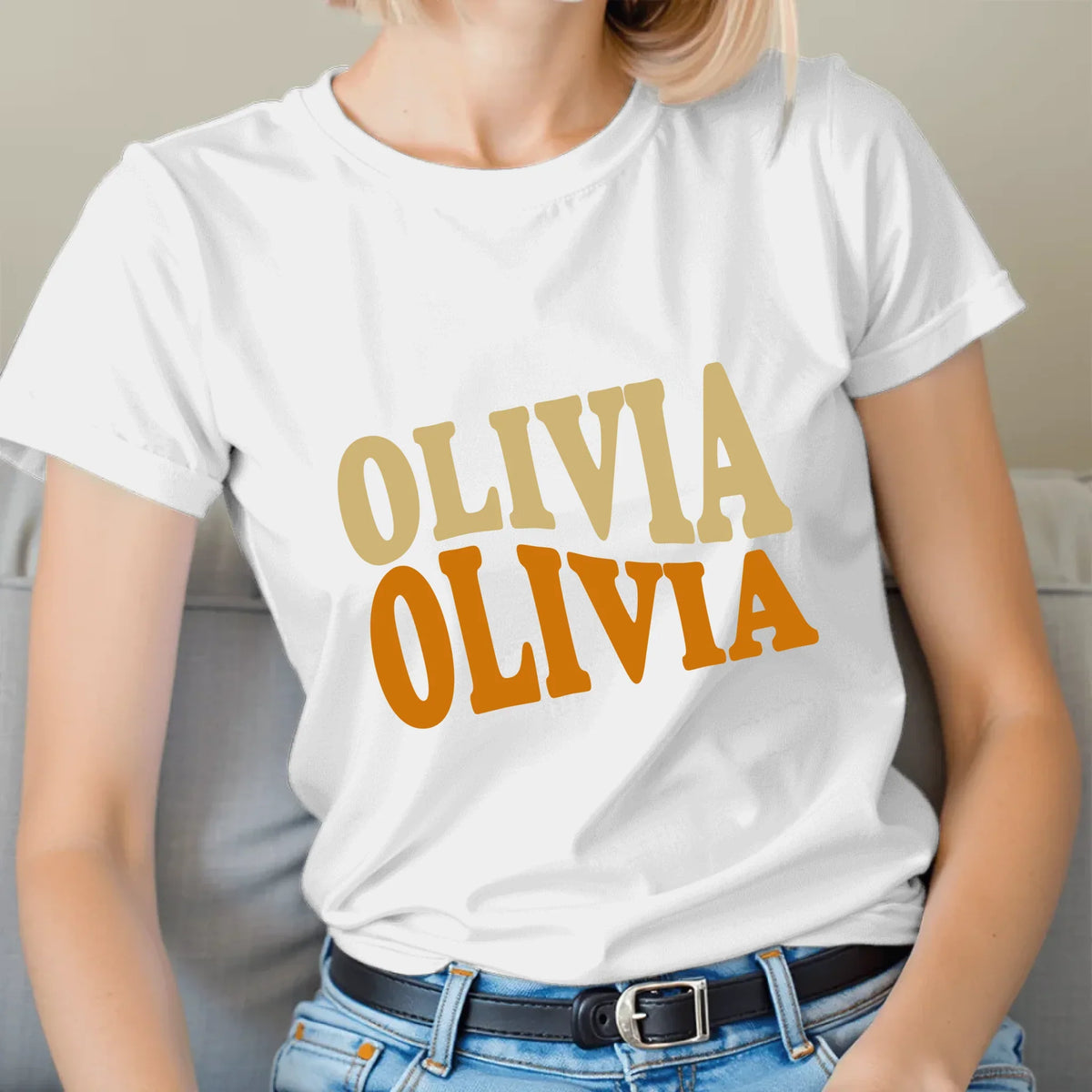 Personalized t-shirt with custom warped wavy text design printed in choice of colors