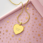 Personalized heart pendant necklace with laser-engraved custom text on 18k yellow gold finish