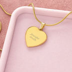 Personalized heart pendant necklace with laser-engraved custom text on 18k yellow gold finish