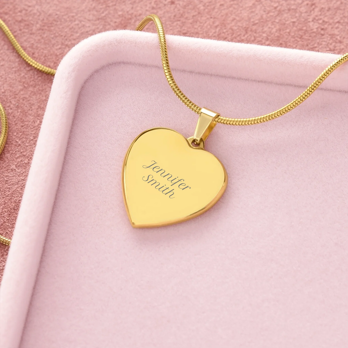 Personalized heart pendant necklace with laser-engraved custom text on 18k yellow gold finish