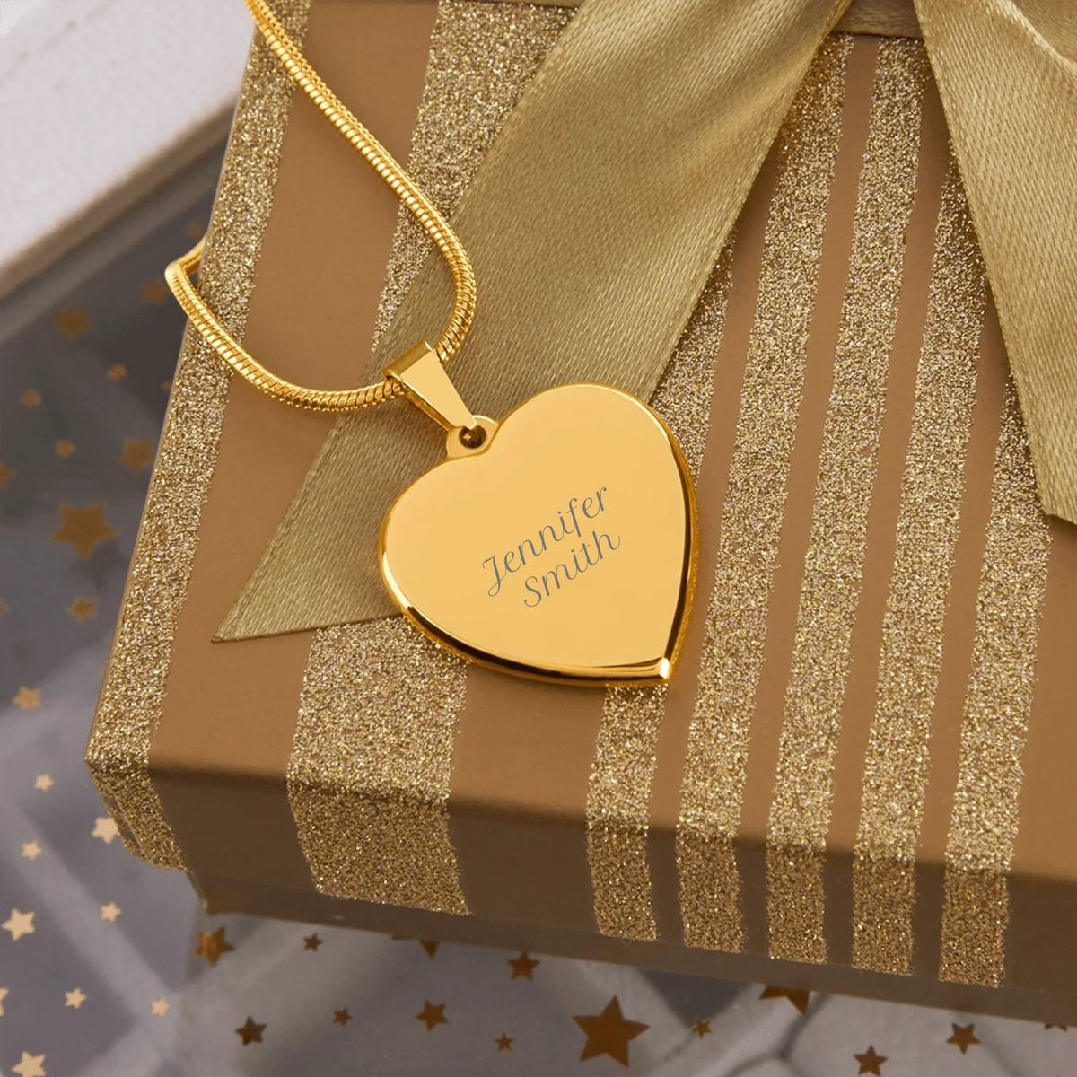 Personalized heart pendant necklace with laser-engraved custom text on 18k yellow gold finish