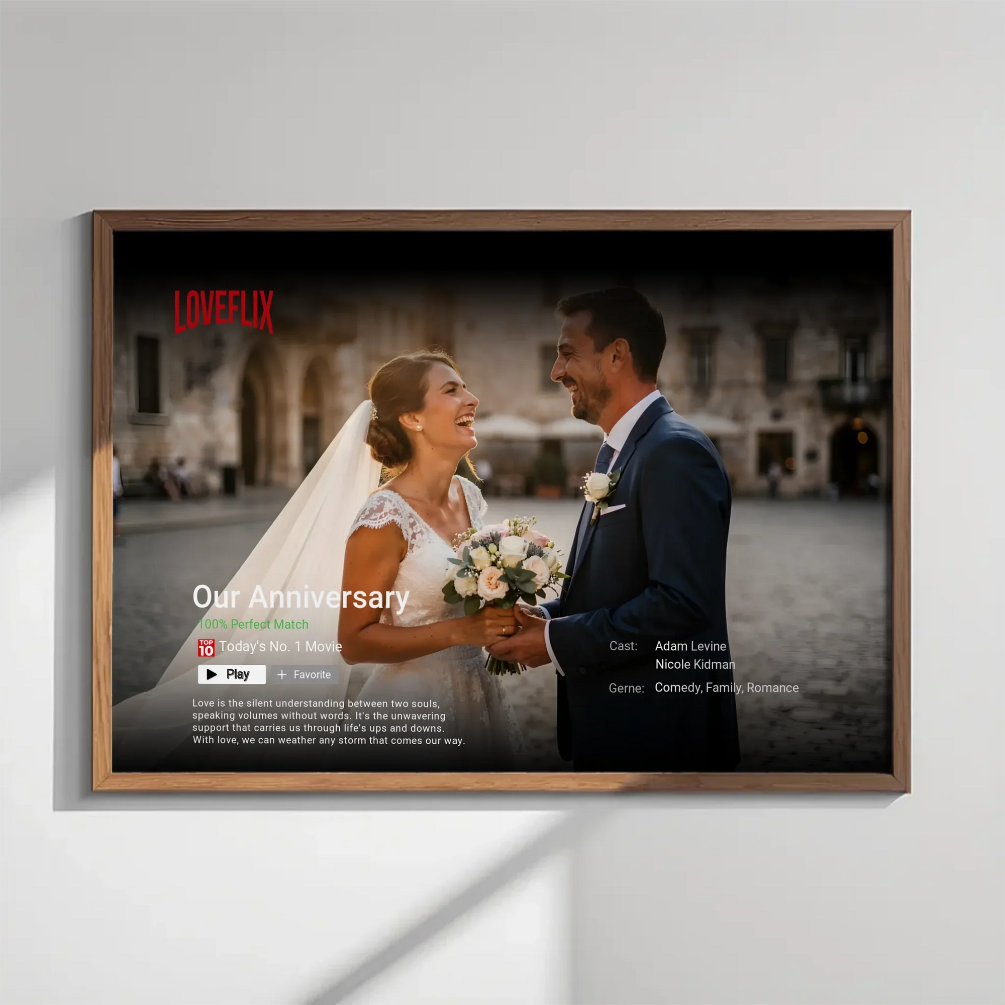 Personalized Loveflix streaming-style movie poster of a couple for anniversary or Valentine's Day