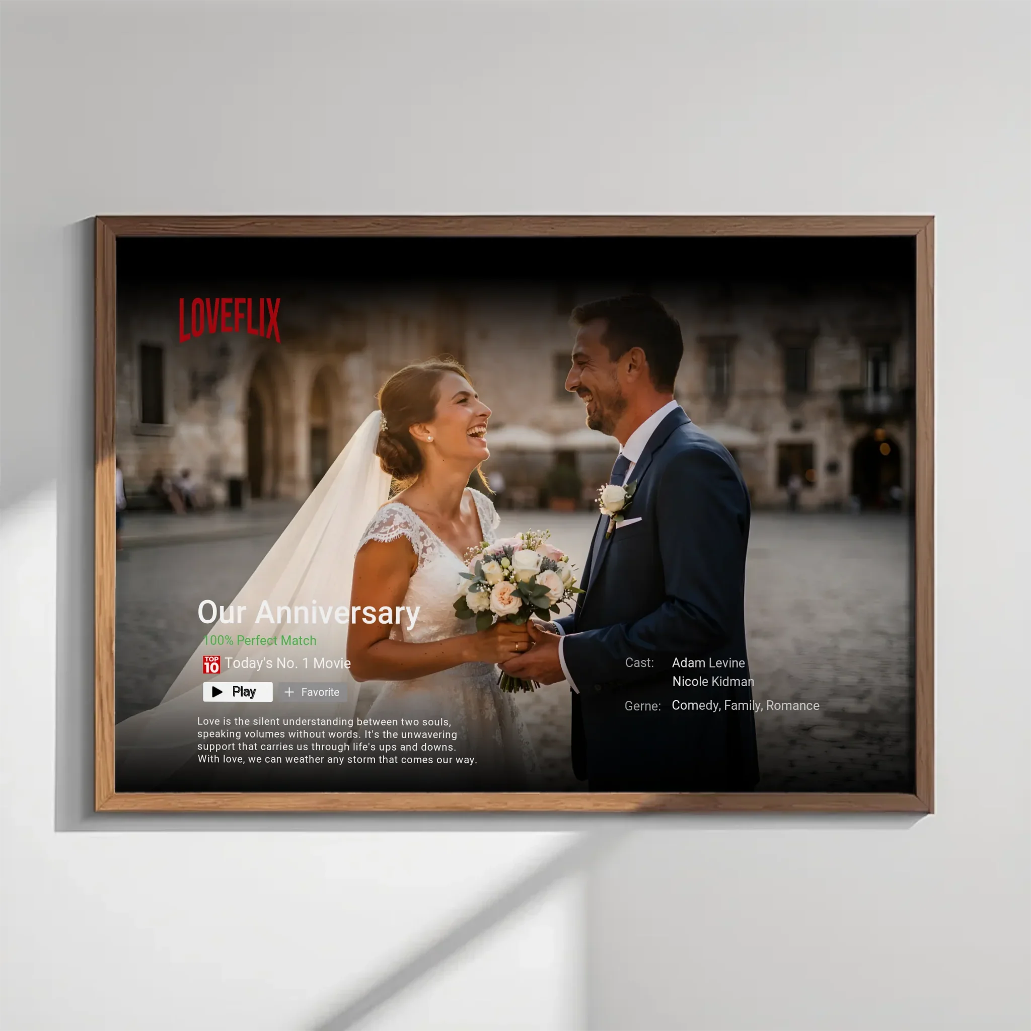 Personalized Loveflix streaming-style movie poster of a couple for anniversary or Valentine's Day
