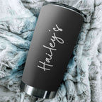 Personalized black stainless steel 20oz travel tumbler with custom name in full wrap sublimation print