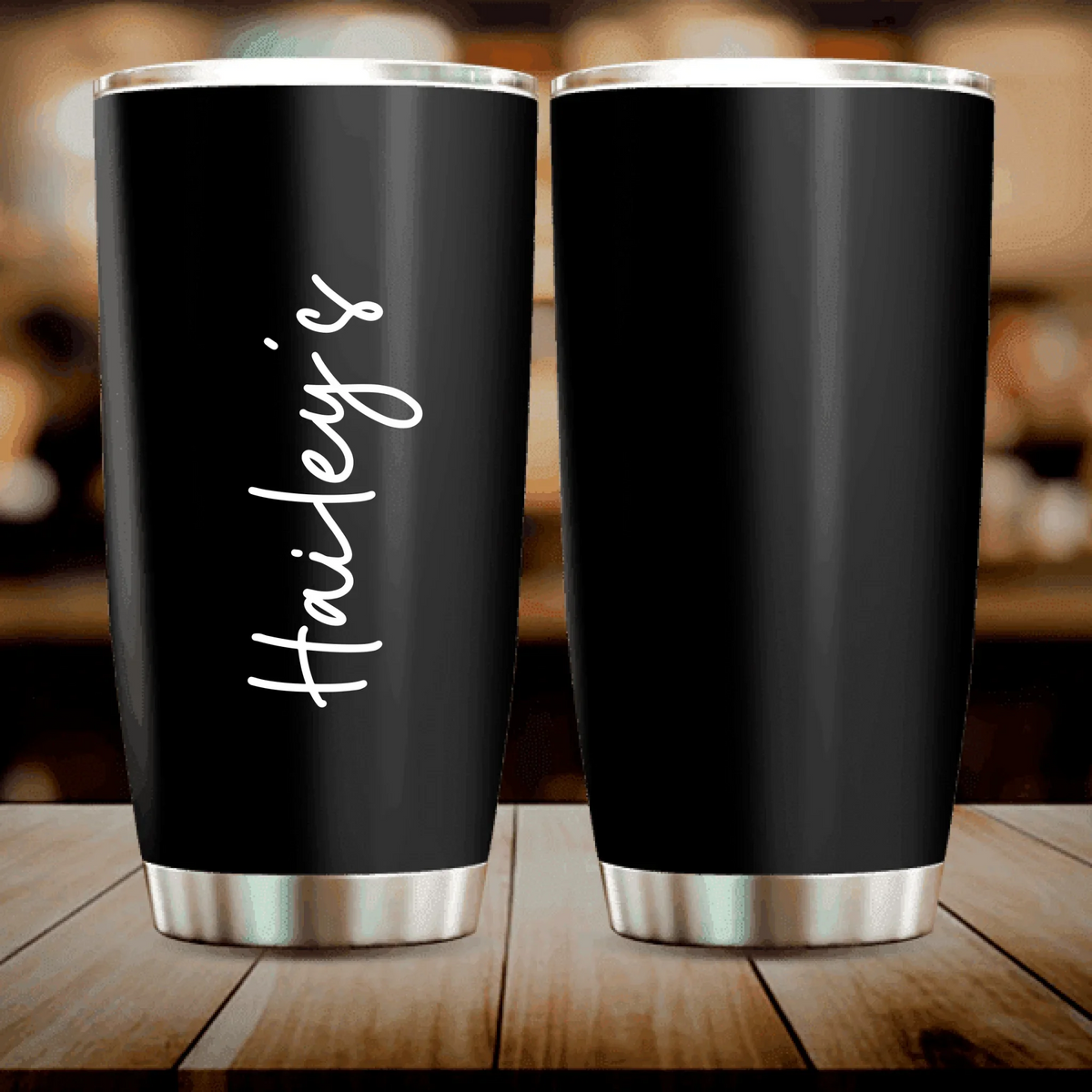 Personalized black stainless steel 20oz travel tumbler with custom name in full wrap sublimation print