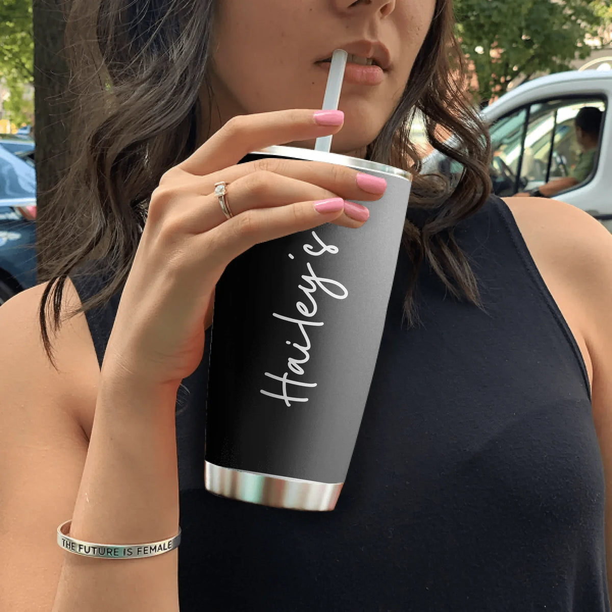 Personalized black stainless steel 20oz travel tumbler with custom name in full wrap sublimation print