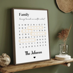 Personalized word search puzzle canvas wall art or throw pillow with custom names and meaningful words