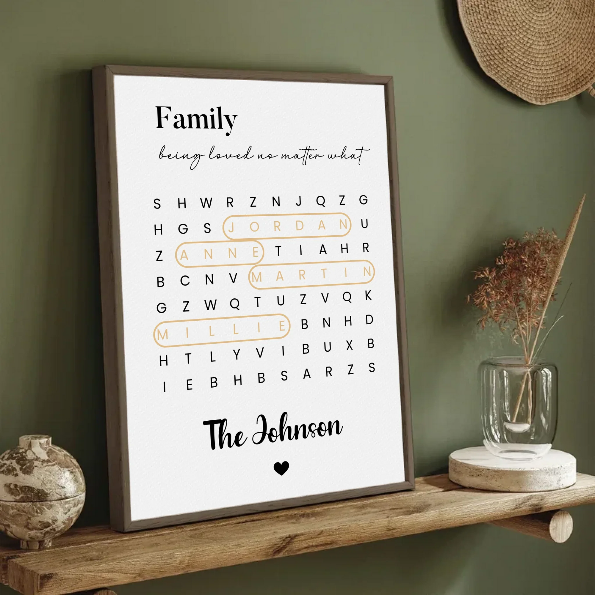 Personalized word search puzzle canvas wall art or throw pillow with custom names and meaningful words