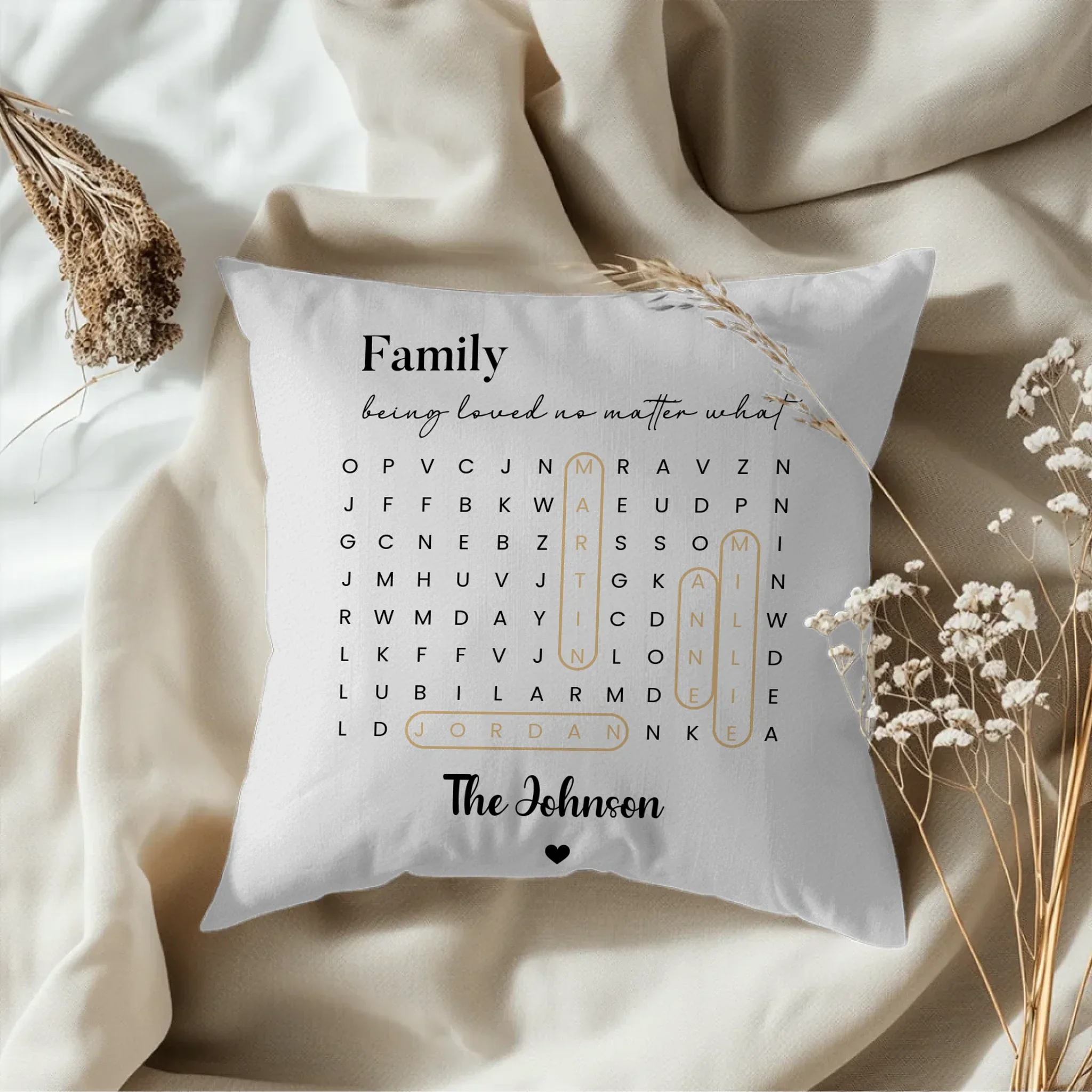 Personalized word search puzzle canvas wall art or throw pillow with custom names and meaningful words