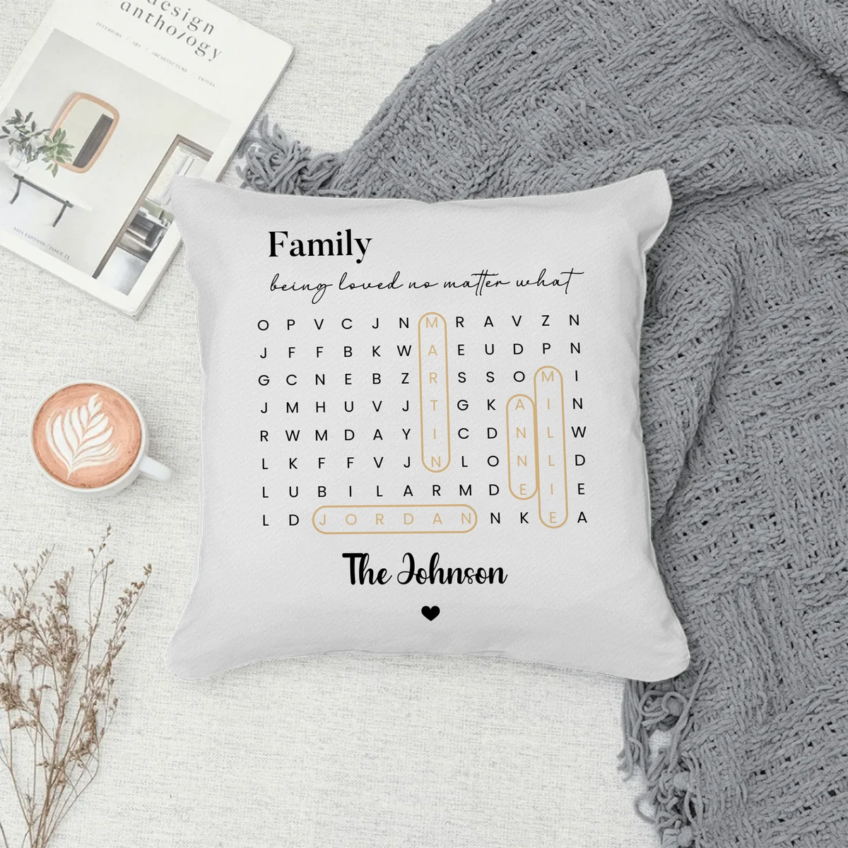 Personalized word search puzzle poster wall art with custom names and meaningful words