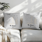 Personalized word search puzzle canvas wall art or throw pillow with custom names and meaningful words