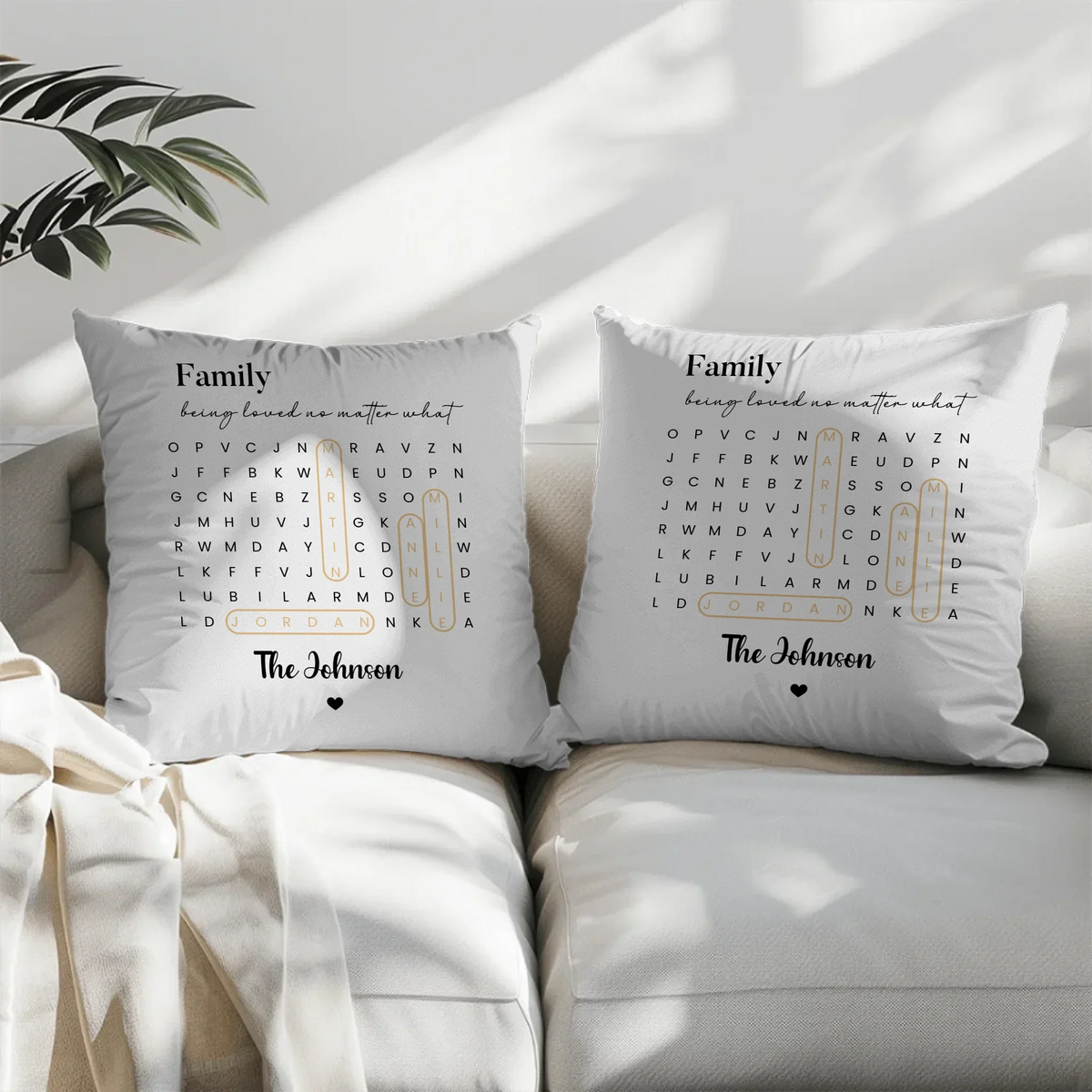 Personalized word search puzzle canvas wall art or throw pillow with custom names and meaningful words
