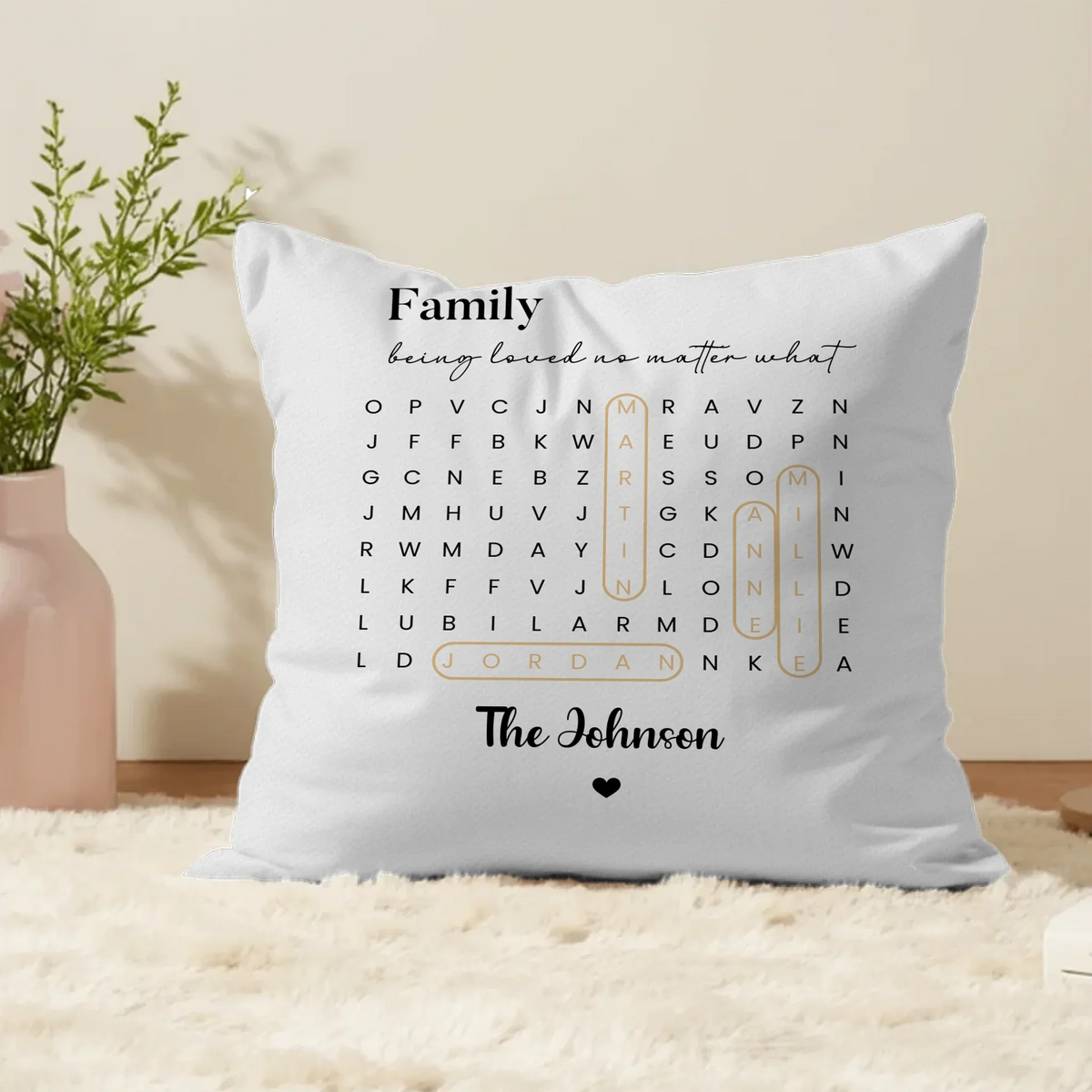 Personalized word search puzzle poster wall art with custom names and meaningful words