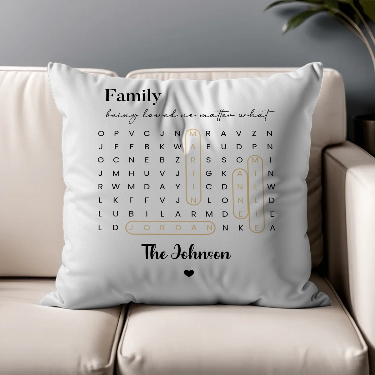 Personalized word search puzzle canvas wall art or throw pillow with custom names and meaningful words