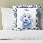Personalized pencil sketch dog portrait throw pillow with toile de jouy background pattern