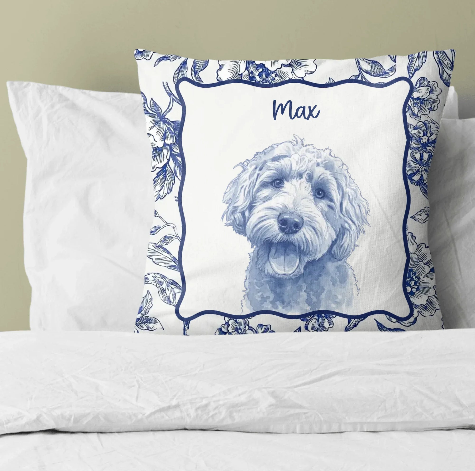 Personalized pencil sketch dog portrait throw pillow with toile de jouy background pattern