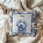 Personalized pencil sketch dog portrait throw pillow with toile de jouy background pattern