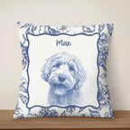 Personalized pencil sketch dog portrait throw pillow with toile de jouy background pattern