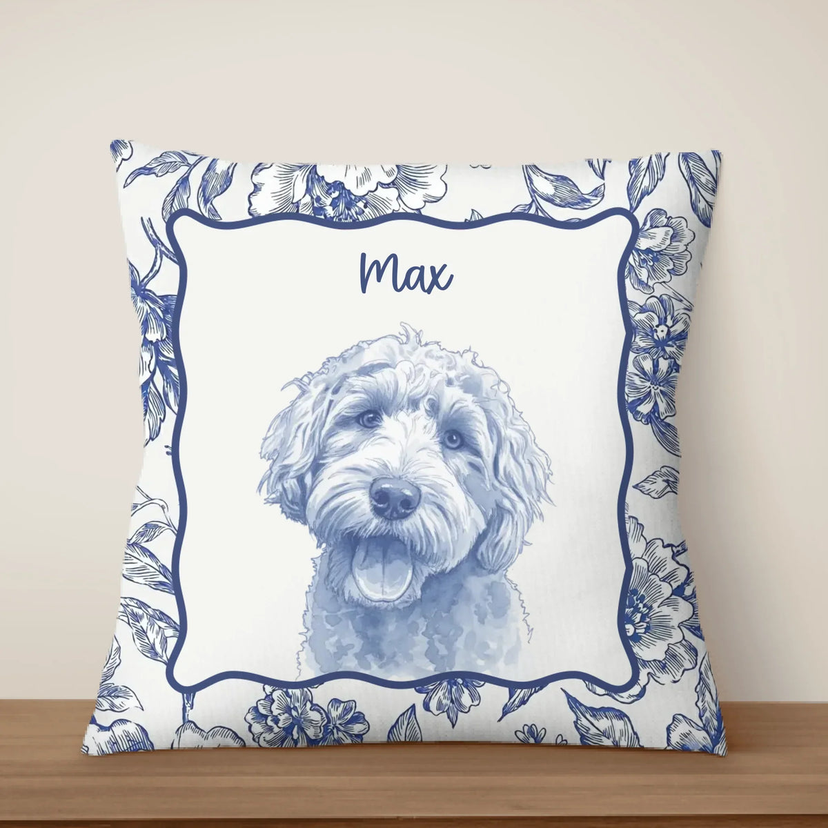 Personalized pencil sketch dog portrait throw pillow with toile de jouy background pattern