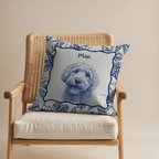 Personalized pencil sketch dog portrait throw pillow with toile de jouy background pattern