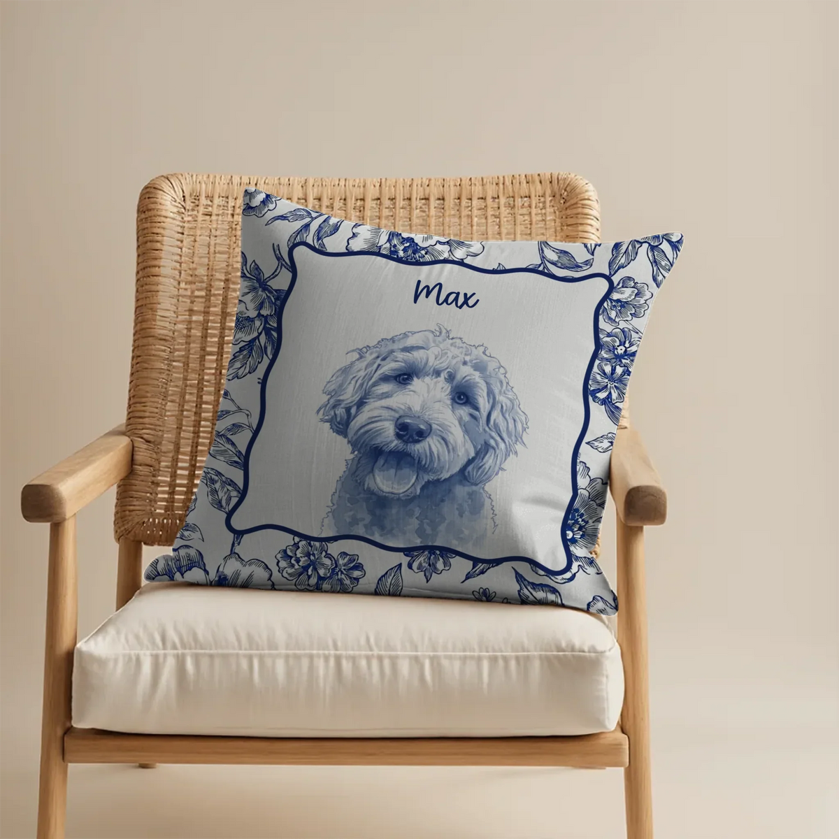 Personalized pencil sketch dog portrait throw pillow with toile de jouy background pattern
