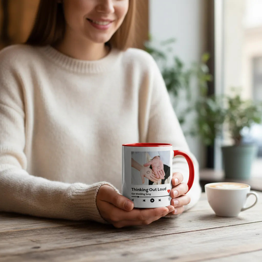 Personalized accent coffee mug with music player design for daily caffeine and tune lovers