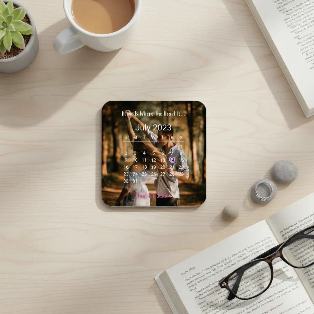 Personalized square coaster with custom photo and calendar design for special date keepsake