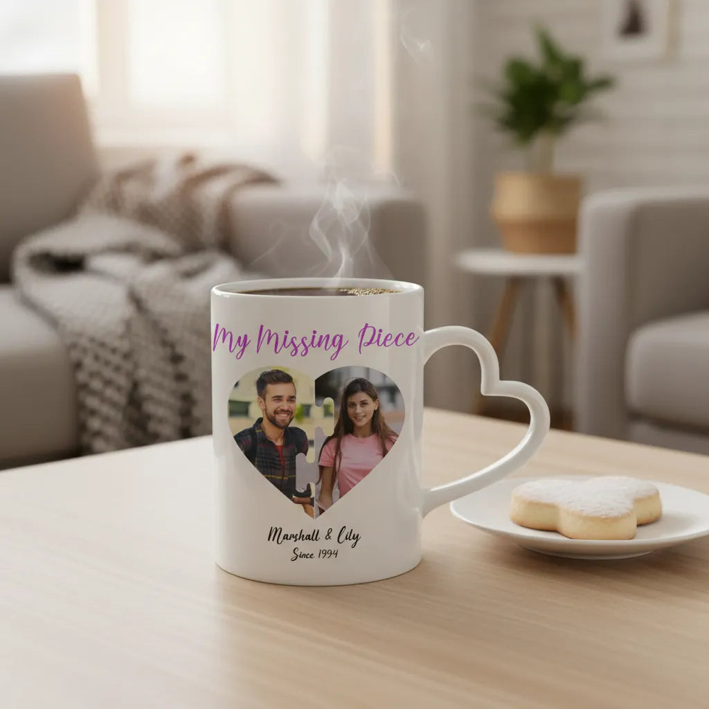 Personalized heart mug with Missing Piece design celebrating couples and loved ones