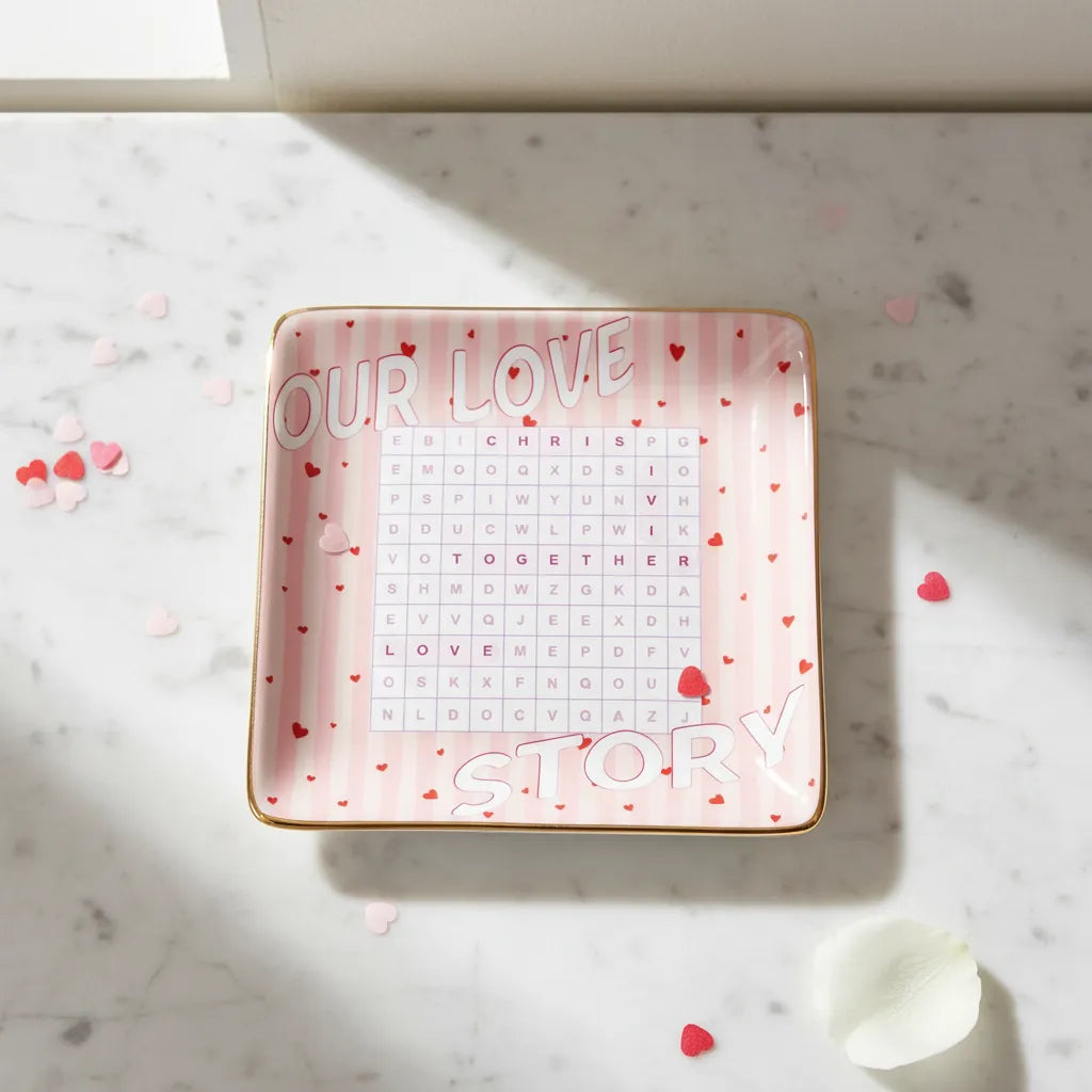 Personalized square ceramic ring dish with Our Love word search design for couples