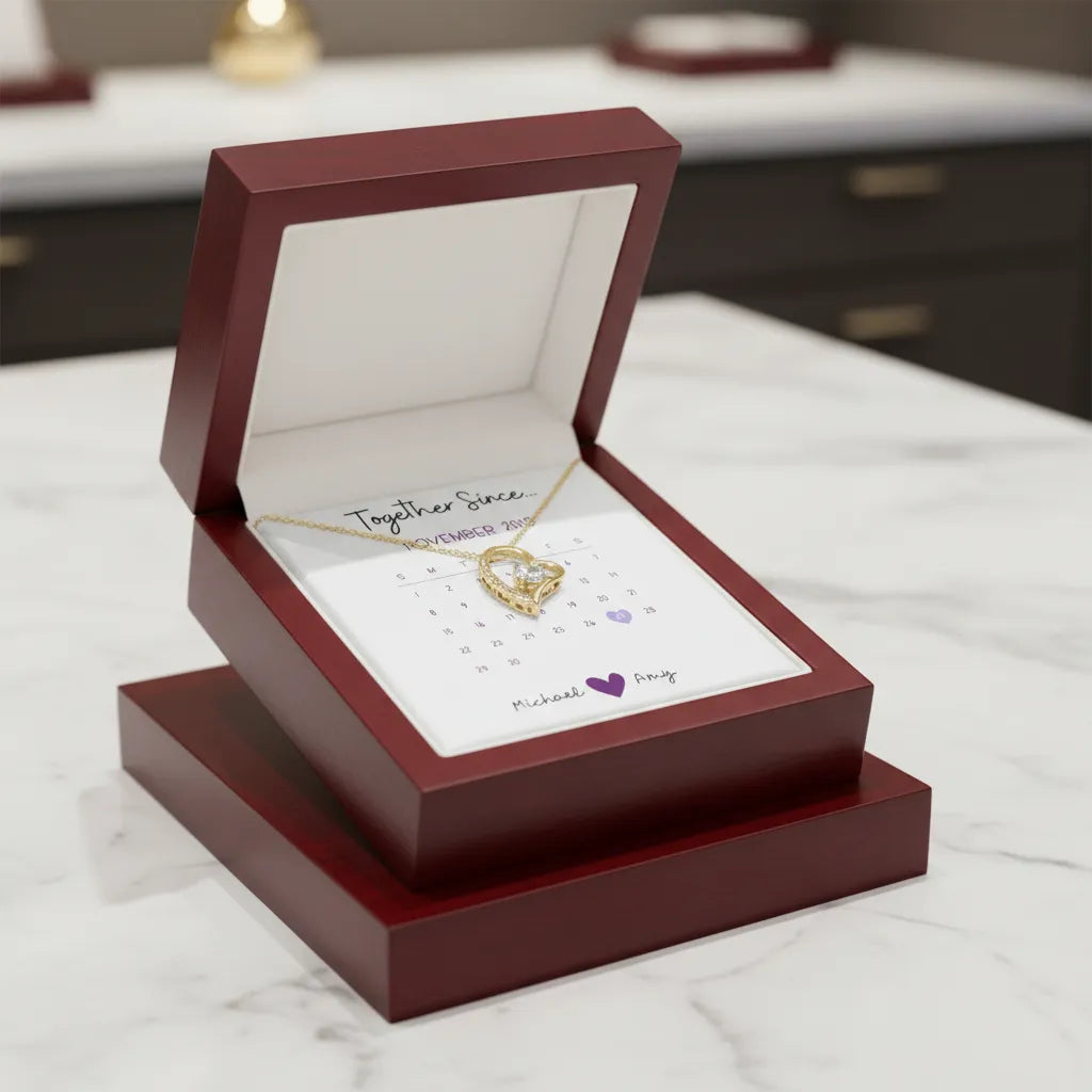 Personalized Forever Love heart necklace with Together Since calendar engraving for couples