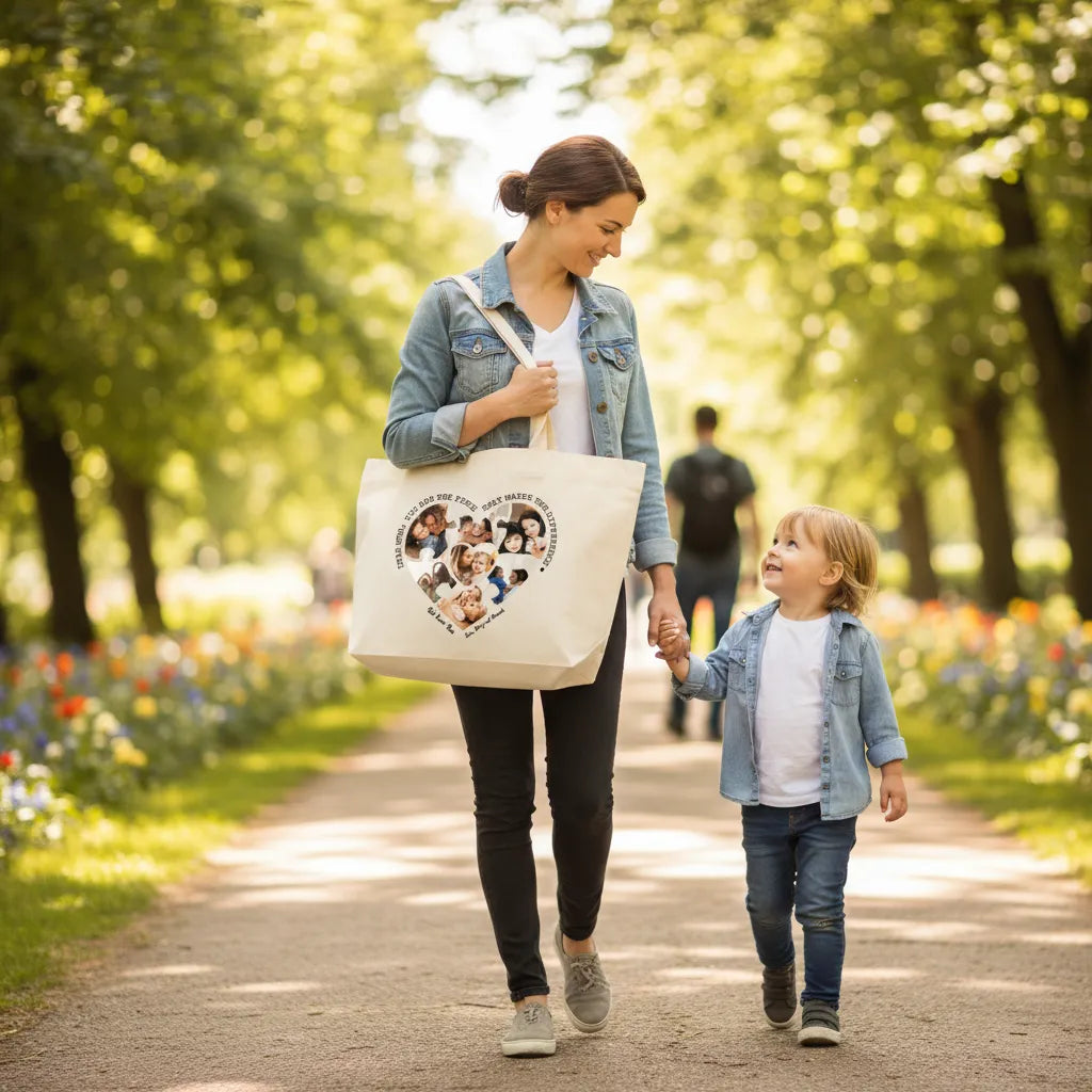 Personalized photo tote bag with Mom You're the Piece message for meaningful mom gift