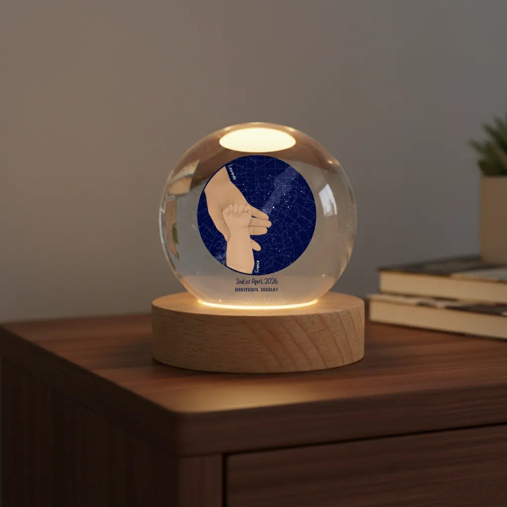 Personalized star map crystal globe lamp showing custom night sky for anniversary gift