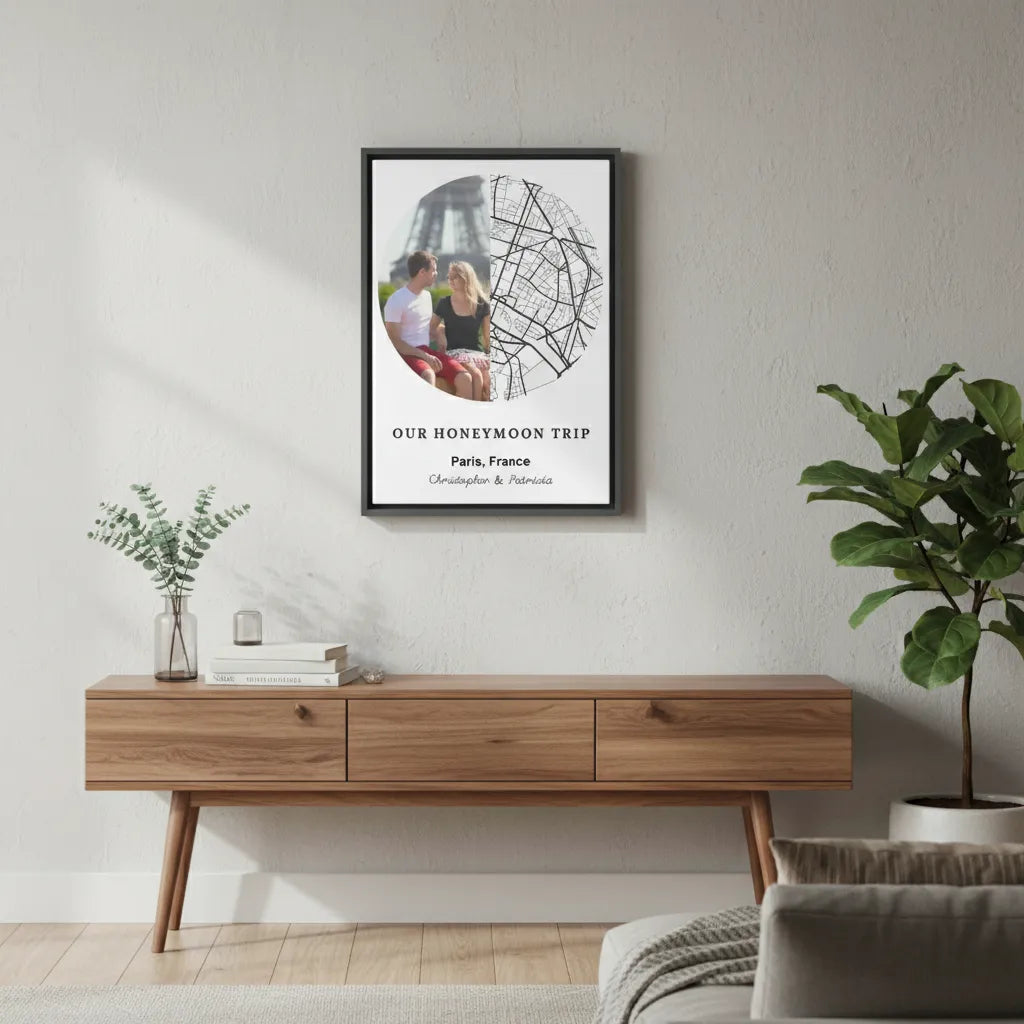 Personalized honeymoon trip framed canvas with custom travel memories for newlywed couples