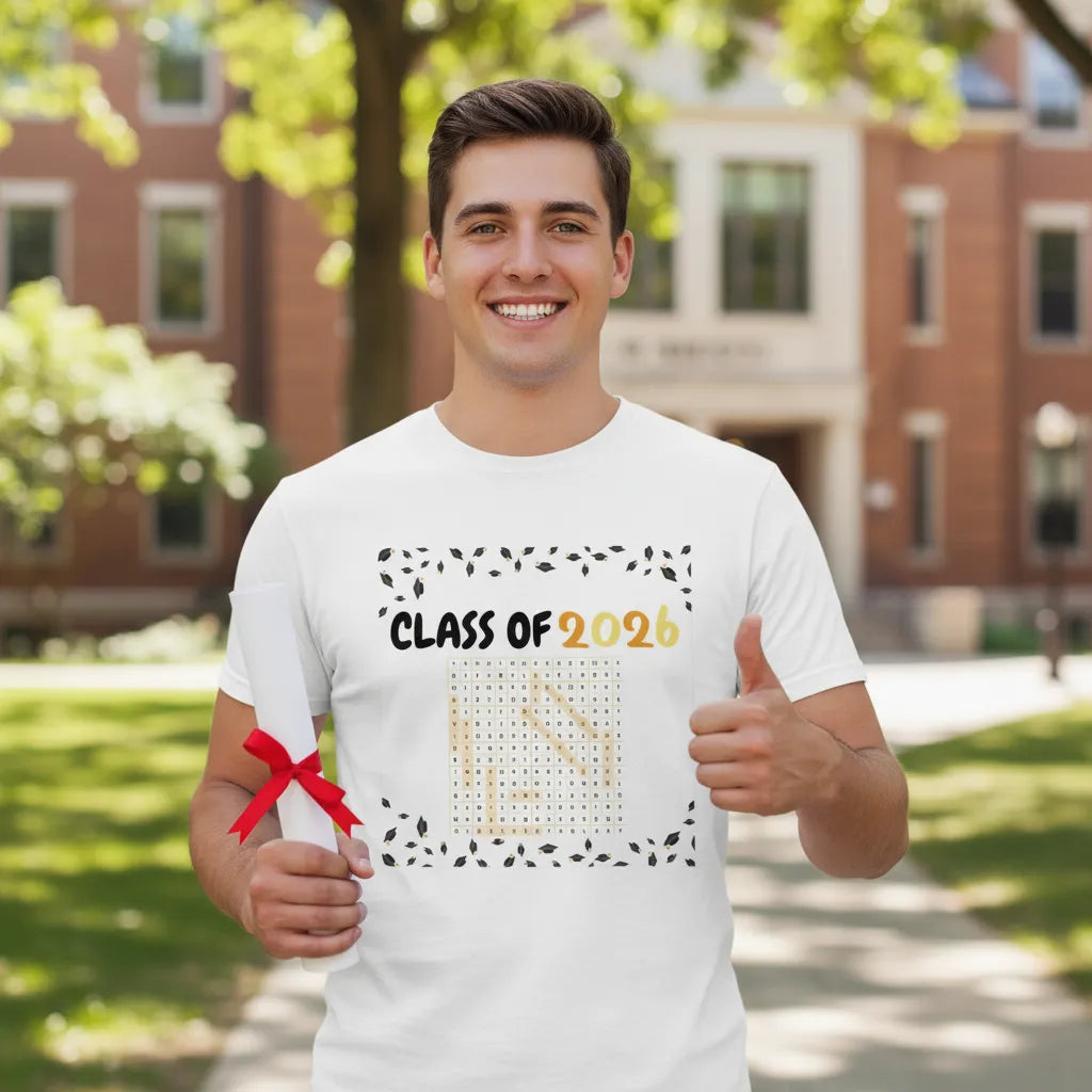 Custom DTG cotton t-shirt with personalized graduation word search design for graduates
