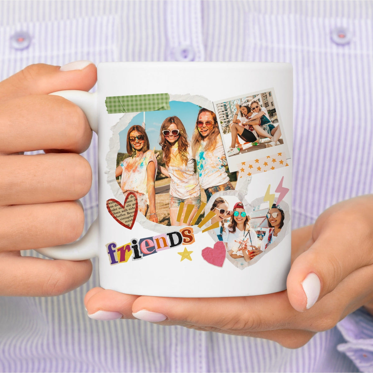 Personalized friends photo mug with custom 3-photo scrapbook collage design for besties