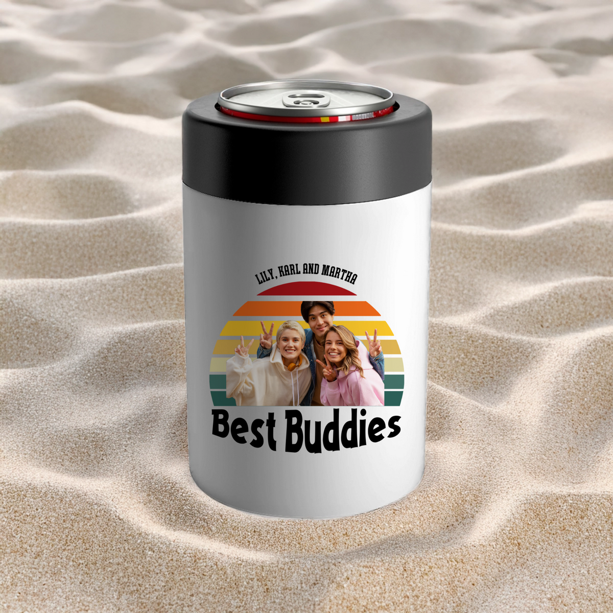 Personalized photo buddy koozie keeping drinks cold with your favorite custom image