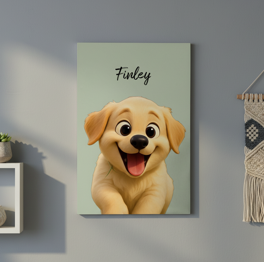 Personalized pet wrapped canvas with AI cartoon filter for dog or cat home decor wall art