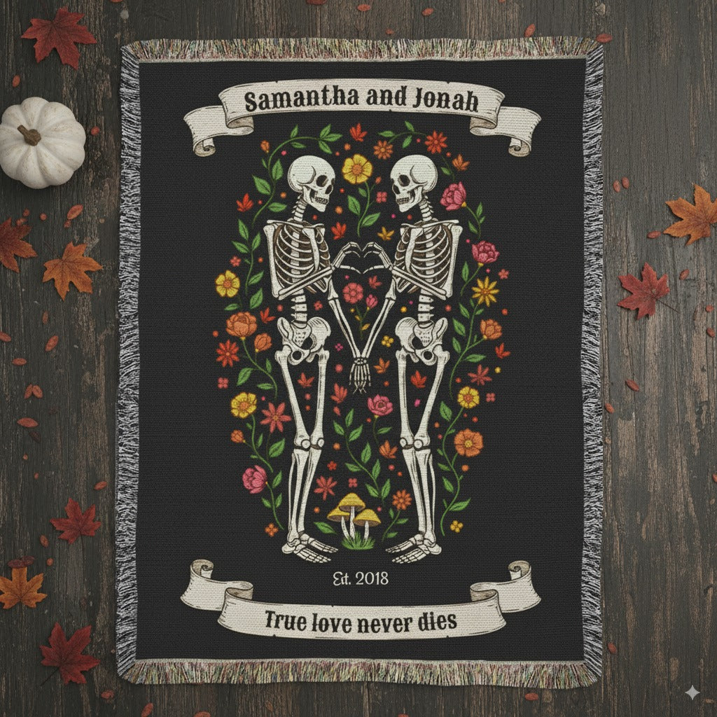 Personalized Halloween blanket with True Love Never Dies design for spooky cozy comfort