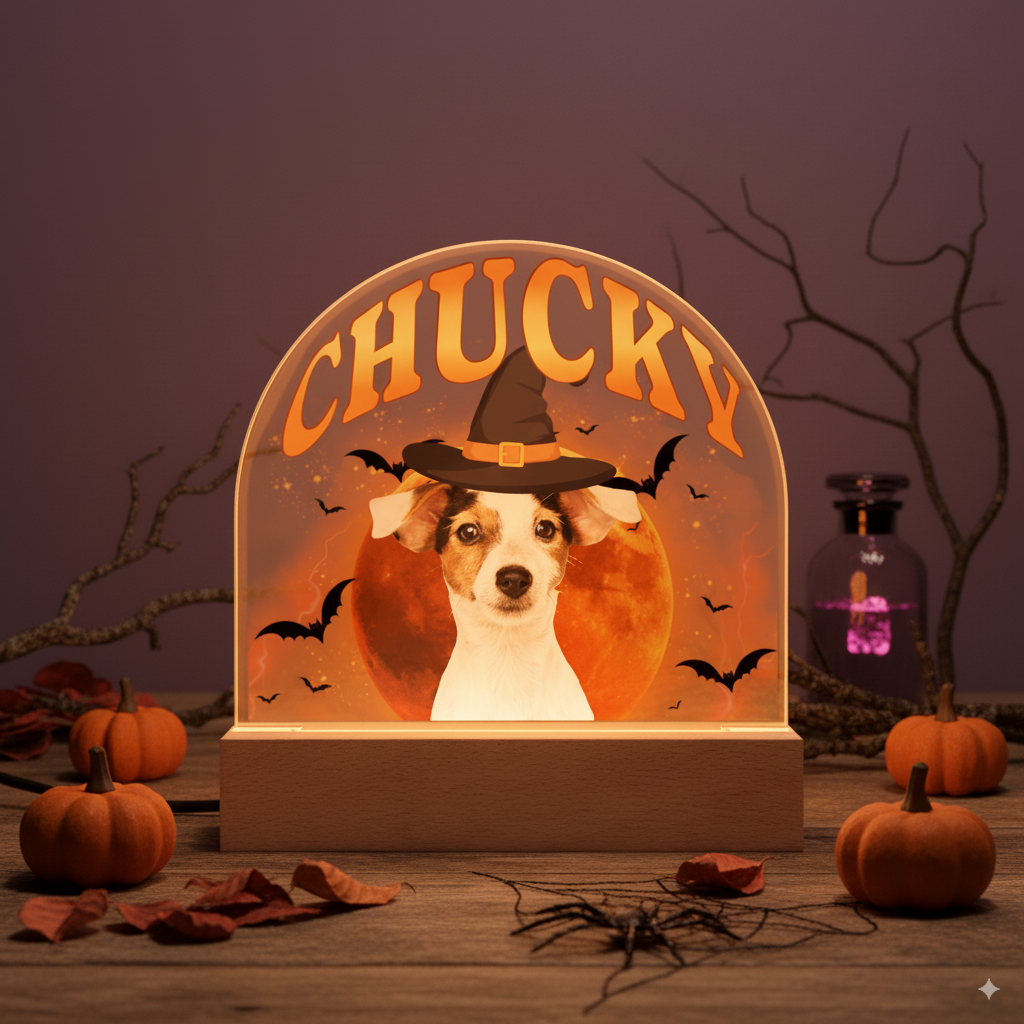 Personalized Halloween acrylic dome plaque with pet name and photo for spooky pet keepsake