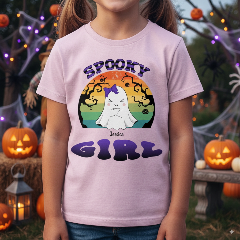 Personalized spooky kids Halloween t-shirt with custom design for festive seasonal celebrations