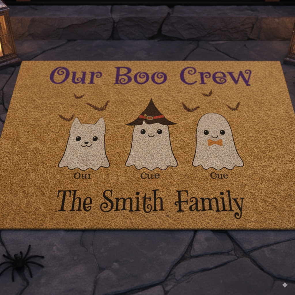 Personalized Our Boo Crew doormat for welcoming guests with festive Halloween charm