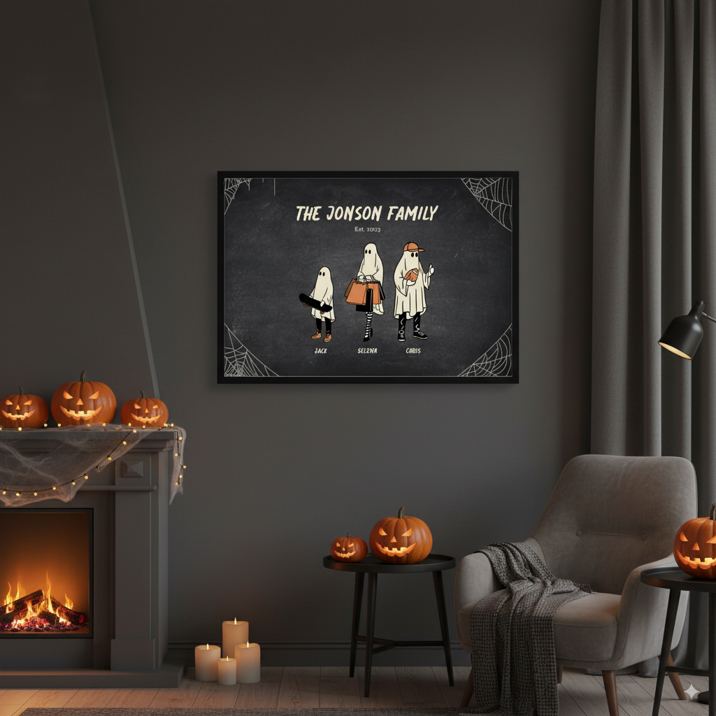 Personalized family ghost landscape poster for Halloween wall art display