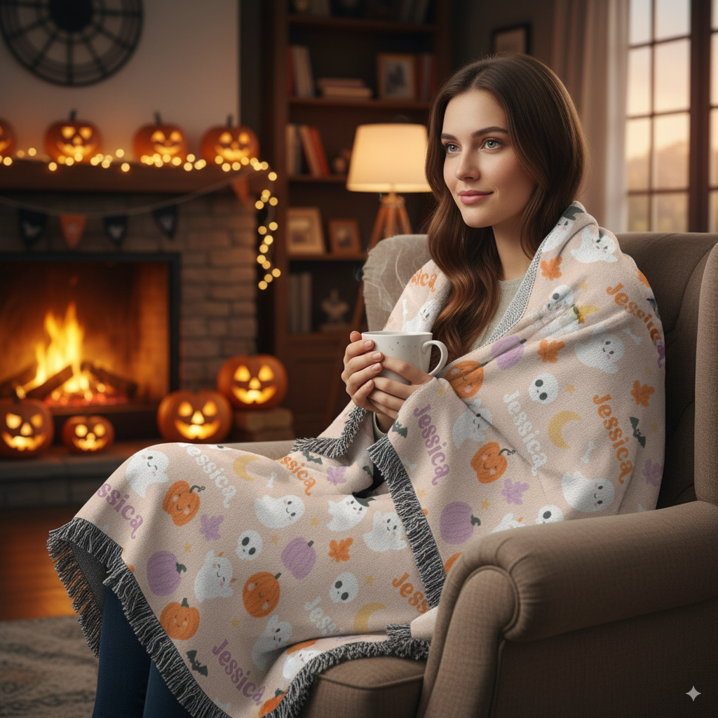 Personalized Halloween woven blanket with custom spooky design for cozy fall comfort