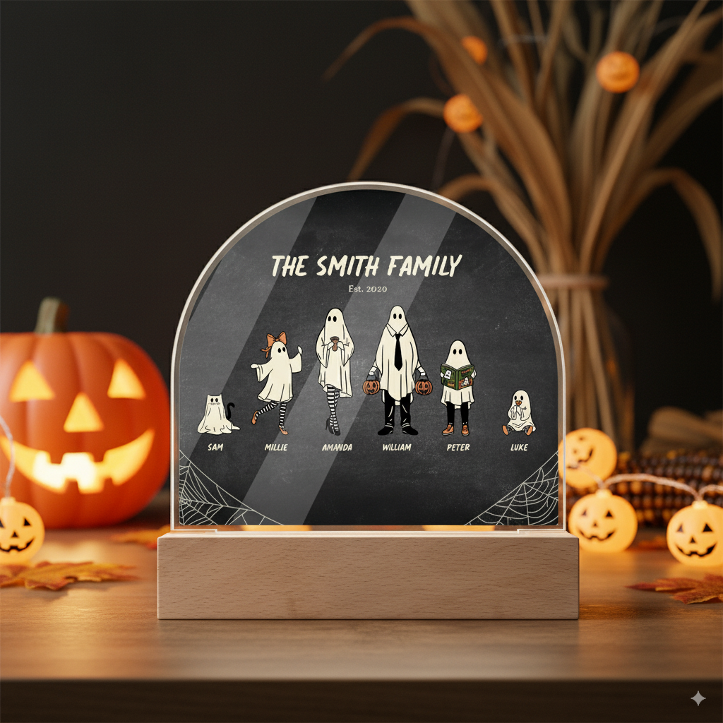 Personalized Halloween acrylic dome plaque with ghost family portrait for spooky display