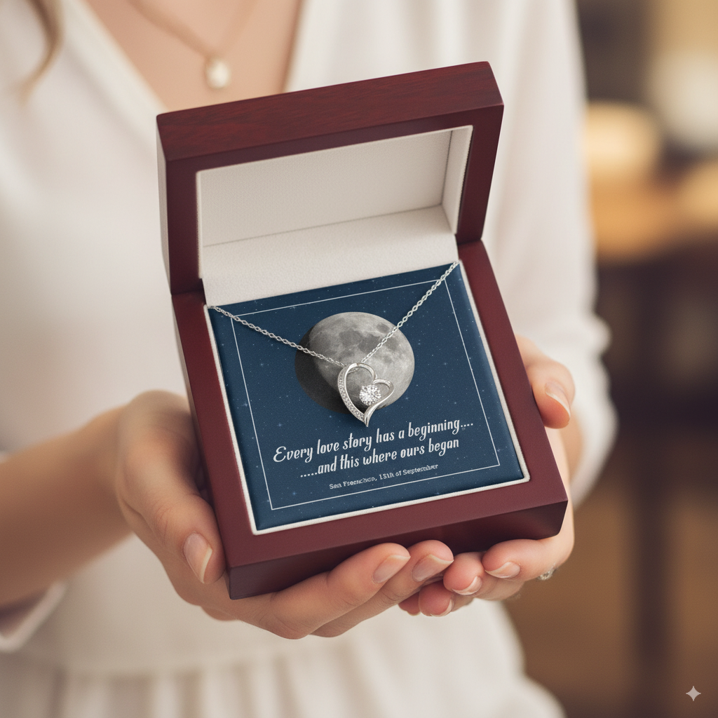 Personalized Forever Love heart necklace with moon phase design for anniversary keepsake