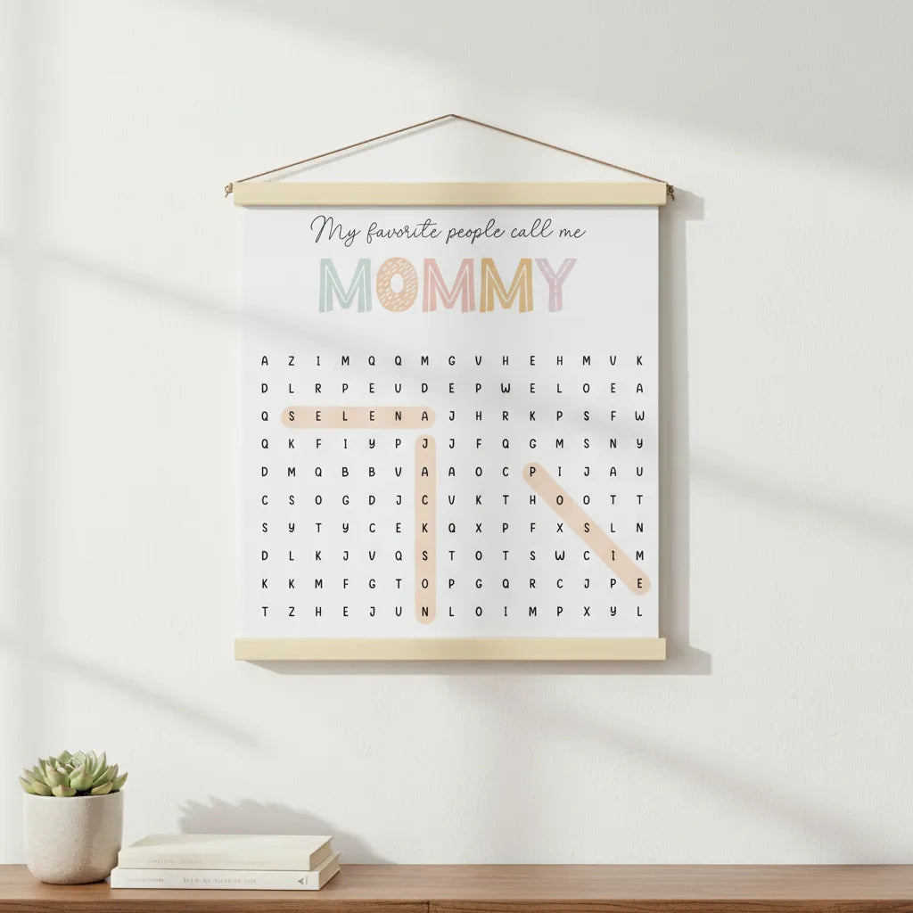 Personalized canvas wall hanging word search puzzle with custom names and meaningful words