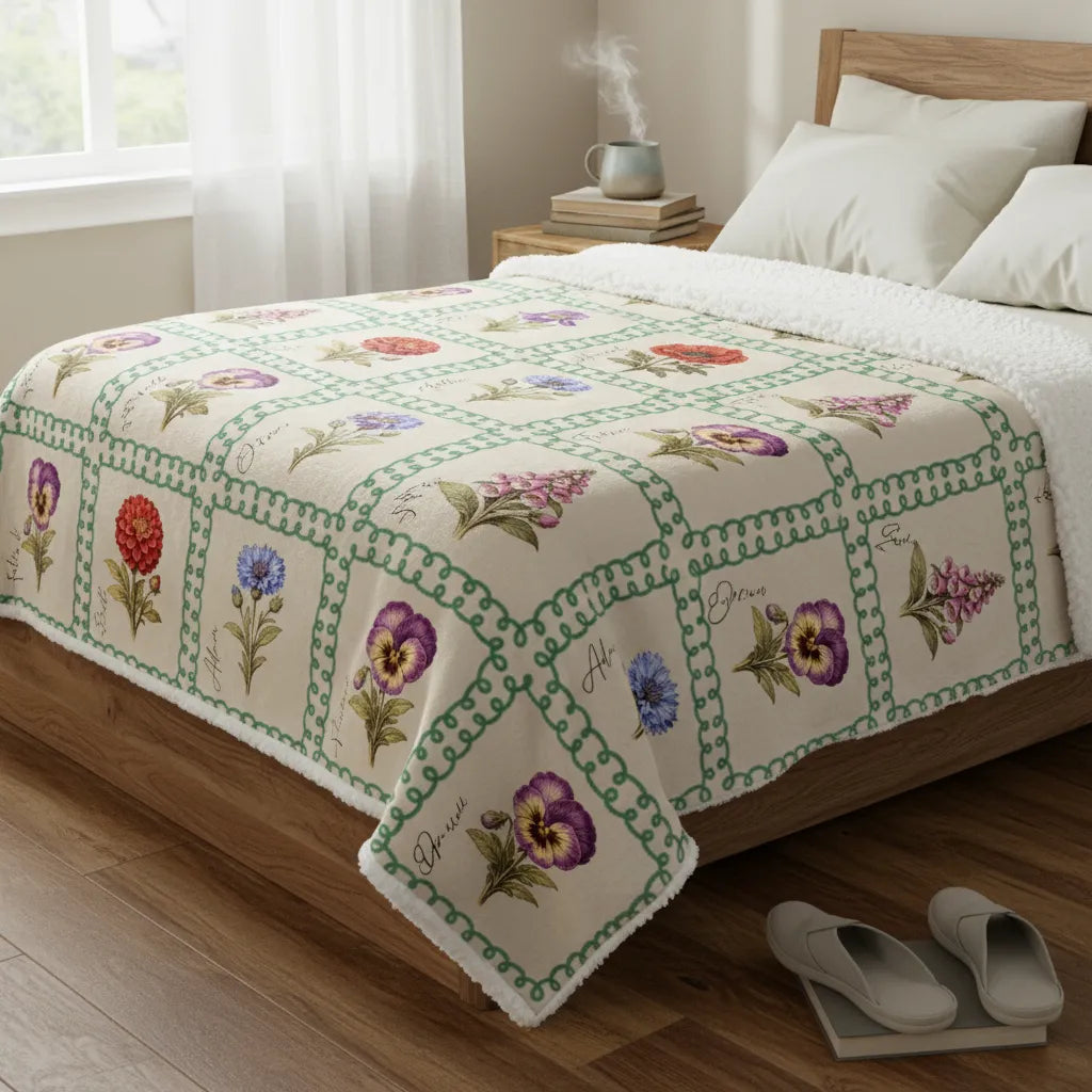 Soft vintage flower-print sherpa blanket personalized for cozy seasonal home decor