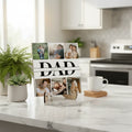 Personalized wooden photo plaque with stand displayed for custom Father's Day gift