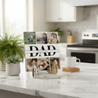 Personalized wooden photo plaque with stand displayed for custom Father's Day gift