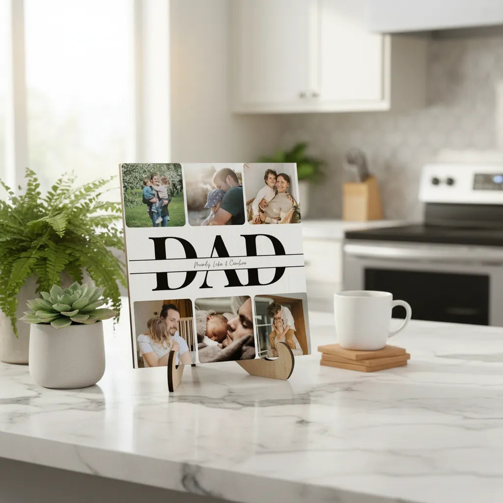 Personalized wooden photo plaque with stand displayed for custom Father's Day gift